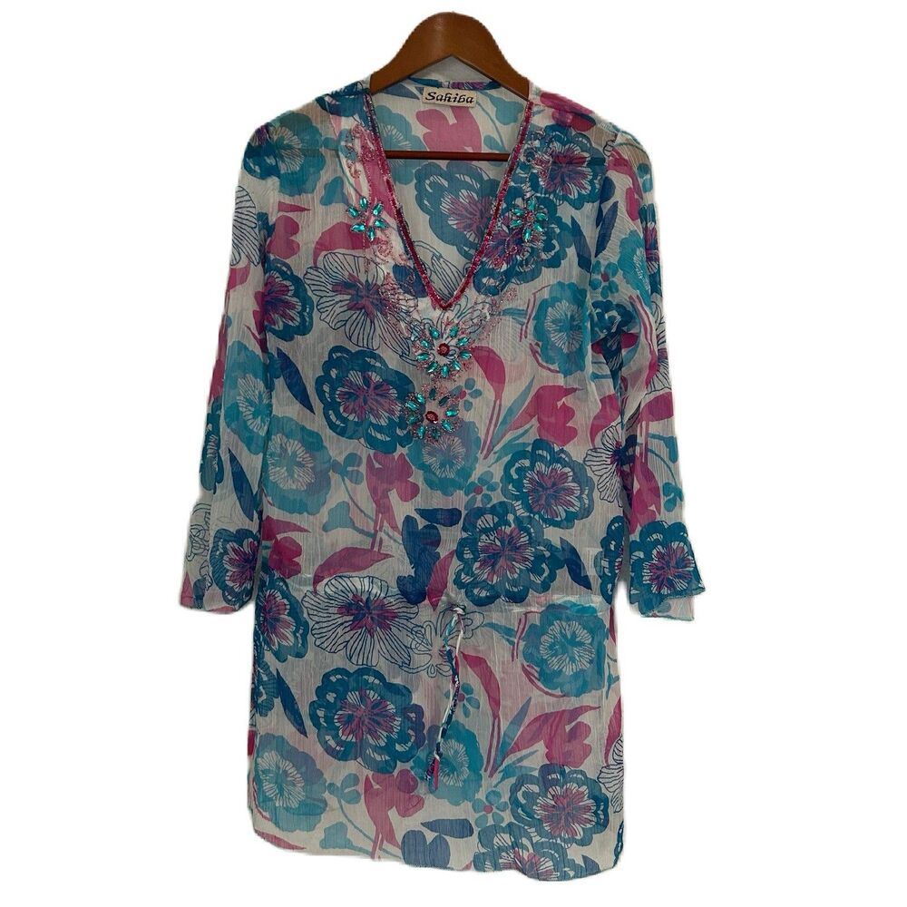 Sahiba Swimsuit Cover Up Women One Size Multicolor Bead Rhinestone Slit Pullon